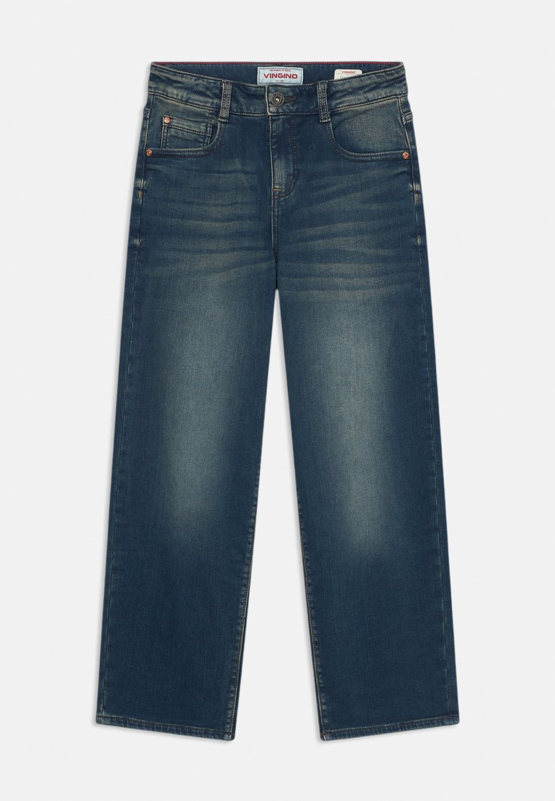 Jeans din denim albastru închis cu croială dreaptă, cinci buzunare și detalii evidente de decolorare. Fermuar standard și închidere cu nasture.