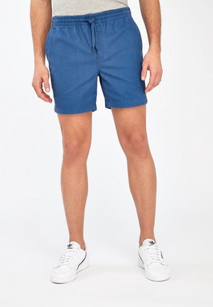 Blaue Shorts mit einem elastischen Bund und Kordelzug, mit flachem Vorderteil, umgeschlagenen Säumen und einem glatten Mischgewebe aus Baumwolle.