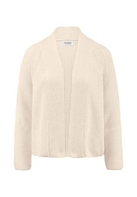 Beige Cardigan mit offener Vorderseite, gefertigt aus strukturiertem Strickstoff, mit langen Ärmeln und lockerer Passform sowie gerippten Details entlang der Kanten.