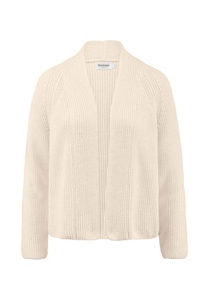Cardigan beige aperto realizzato in tessuto a maglia testurizzata, con maniche lunghe e vestibilità rilassata, caratterizzato da dettagli a coste lungo i bordi.