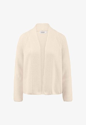 Beige Cardigan mit offener Vorderseite, gefertigt aus strukturiertem Strickstoff, mit langen Ärmeln und lockerer Passform sowie gerippten Details entlang der Kanten.