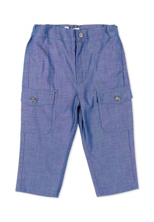 Pantalon cargo bleu pour tout-petit avec poches latérales à boutons et taille élastique sur fond blanc.