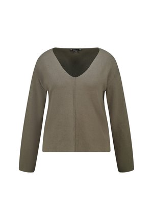 Haut à manches longues vert olive en tissu doux, doté d'un col en V profond, d'une coupe droite et de détails de coutures minimalistes au centre.