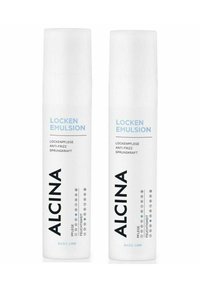 Two white cylindrical bottles labeled "ALCINA LOCKEN EMULSION," featuring black text and blue accents. Products contain anti-frizz properties.