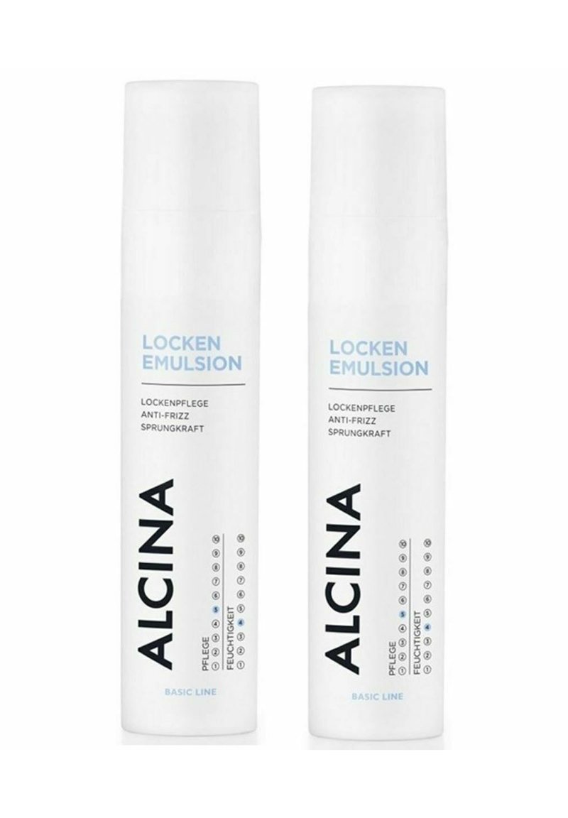 Two white cylindrical bottles labeled "ALCINA LOCKEN EMULSION," featuring black text and blue accents. Products contain anti-frizz properties.