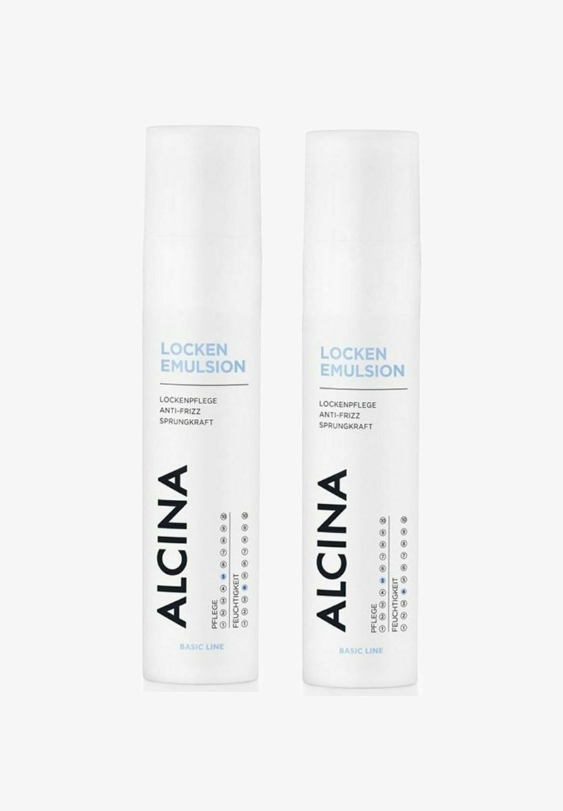 Two white cylindrical bottles labeled "ALCINA LOCKEN EMULSION," featuring black text and blue accents. Products contain anti-frizz properties.