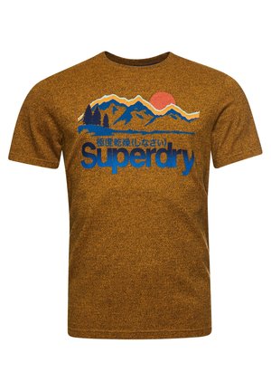 Brown textured short-sleeve t-shirt with blue "Superdry" text, Japanese characters, and mountain graphic with orange sun on the chest.
