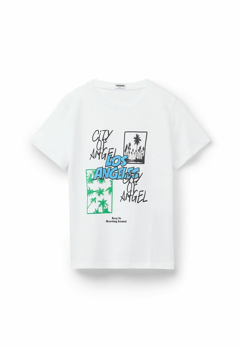 Bílý tričko s krátkým rukávem s potiskem palem a textem v černé a modré barvě: "MĚSTO ANDĚLŮ LOS ANGELES" a "Pokračuj v pohybu".