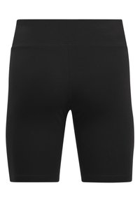 Shorts atléticos negros hechos de una tela suave y elástica, con una cintura alta y un diseño ajustado sin adornos adicionales.