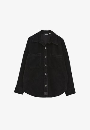 Zwarte corduroy overhemd met kraag, twee voorzakken, knoopsluiting aan de voorkant en lange mouwen. Heeft een gestructureerde stof en zichtbare stiksels.