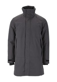 Waterproof donkergrijze jas met een hoge kraag, ritssluiting aan de voorkant, twee zijzakken en verstelbare manchetten. Gladde textuur met minimale details.