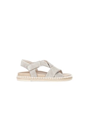 Light gray suede sandal with crisscross straps, adjustable ankle strap, woven espadrille sole, and flat beige rubber outsole.