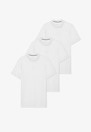 Three plain white polo shirts featuring a collar, short sleeves, button placket, and a small navy accent inside the collar.