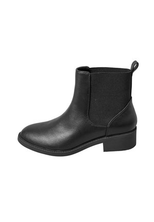 Schwarze Leder-Stiefelette mit elastischen seitlichen Einsätzen, runder Zehenform und niedrigem Blockabsatz. Verfügt über eine Zuglasche an der Rückseite für einfaches Anziehen.