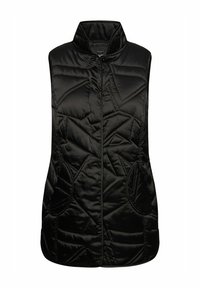 Černá zateplená vesta s vysokým límcem, segeometrickým prošíváním, bočními kapsami a předním zipem.