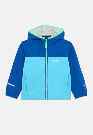 Blaue und hellblaue Kinder-Kapuzenjacke mit grünem Reißverschluss und Besatz, elastischen Bündchen und Fronttaschen, Jack Wolfskin-Logo auf der Brust.