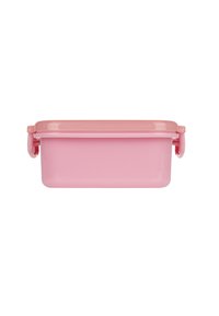 Contenitore di stoccaggio rettangolare rosa con una finitura lucida, dotato di un coperchio a scatto sicuro e angoli arrotondati per una facile maneggevolezza.