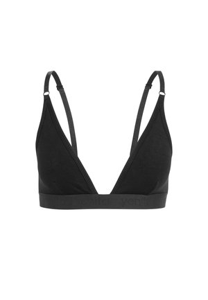 Schwarze Baumwoll-Bralette mit Deep-V-Ausschnitt, verstellbaren Trägern und breitem Elastikband mit eingeprägtem Markennamen.