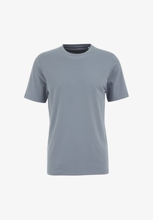 Hele sinine puuvillane T-särk ümmarguse kaelusega ja lühikeste varrukatega, millel on sile tekstuur ja lihtne disain ilma mustrite või aksessuaarideta.