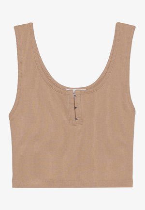 Débardeur court côtelé couleur beige avec une encolure ras du cou, fermeture à boutons à l'avant et une coupe ajustée. Texture douce et sans manches.