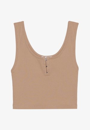 Beiger, gerippter Crop-Top mit Rundhalsausschnitt, Knopfverschluss vorne und taillierter Passform. Weicher Stoff und ärmelloses Design.