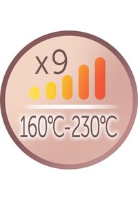 Produkt: Temperaturindikatoretikett. Egenskaper: Cirkulär form, gradientfärgade staplar i gult till orange, text "x9" och temperaturområde 160°C-230°C i mörkbrunt.