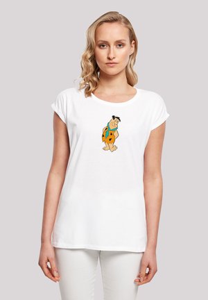 White short-sleeve T-shirt featuring a cartoon character with orange and blue accent details, displayed on a neutral background.