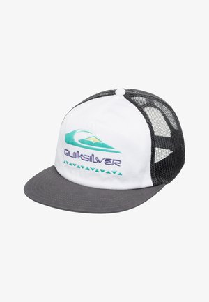 White cap with a grey brim, mesh back, and embroidered turquoise wave and "Quiksilver" logo design. Features a button on top.