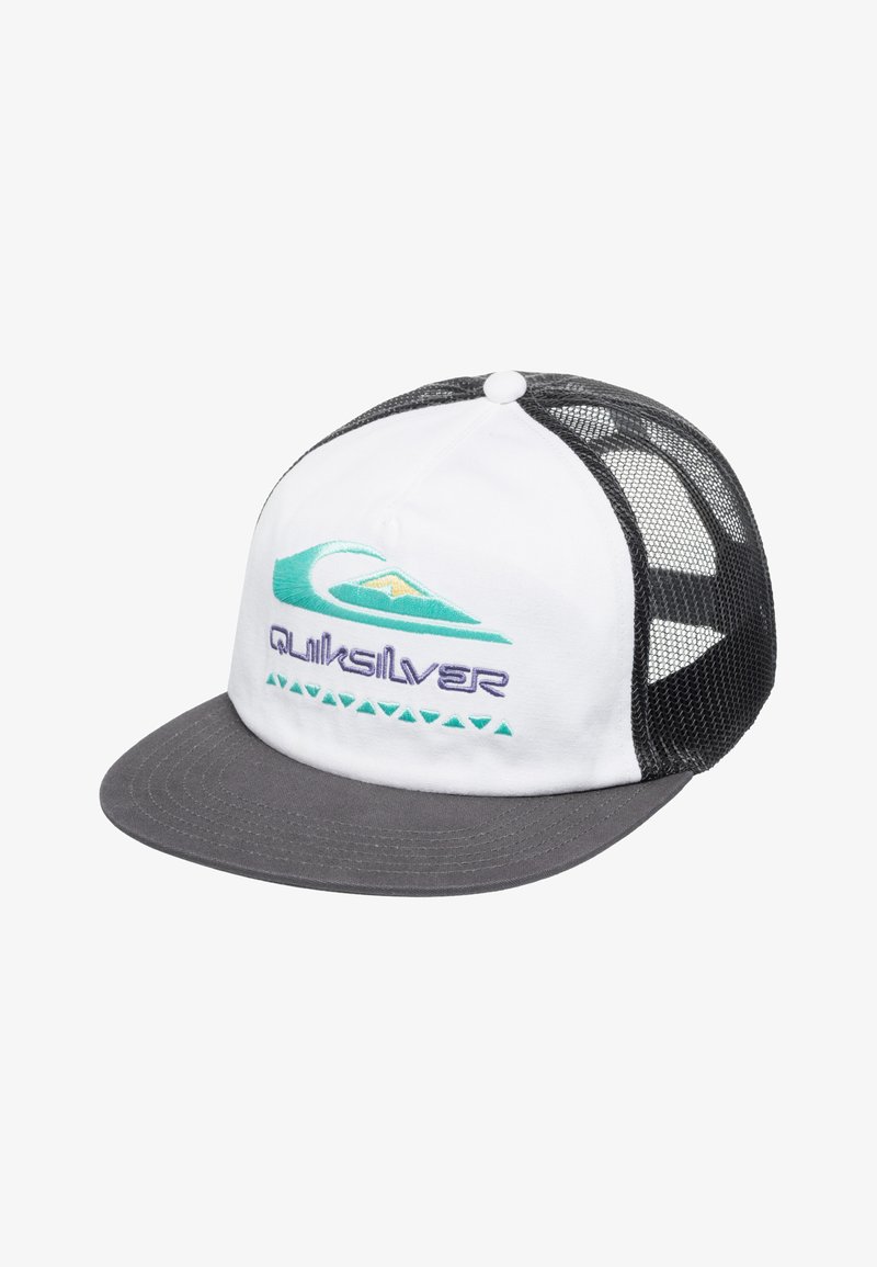 Casquette blanche avec une visière grise, dos en mesh et un design de vague turquoise brodé avec le logo "Quiksilver". Elle comporte un bouton sur le dessus.