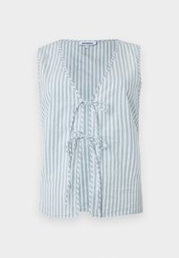 Top en coton sans manches présentant un col en V, des rayures verticales bleu et blanc, et un détail de nœud à l'avant, offrant une coupe décontractée.