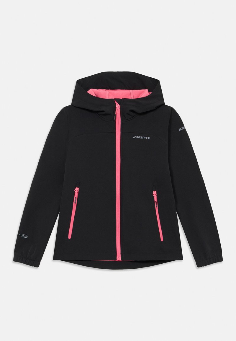 Veste noire avec des accents roses, dotée d'une capuche, d'une fermeture éclair à l'avant et de deux poches avant. Tissu lisse avec des poignets élastiques et logos sur les manches.