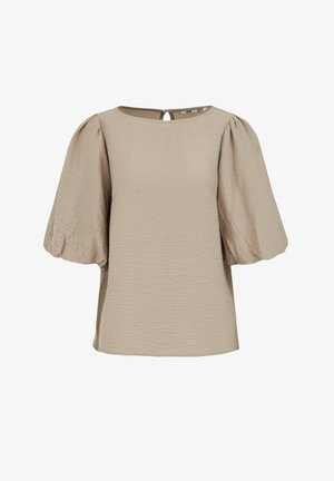 Beige Bluse mit kurzen Puffärmeln, strukturiertem Stoff, rundem Ausschnitt und Schlüssellochverschluss am Rücken. Einfaches und modernes Design.
