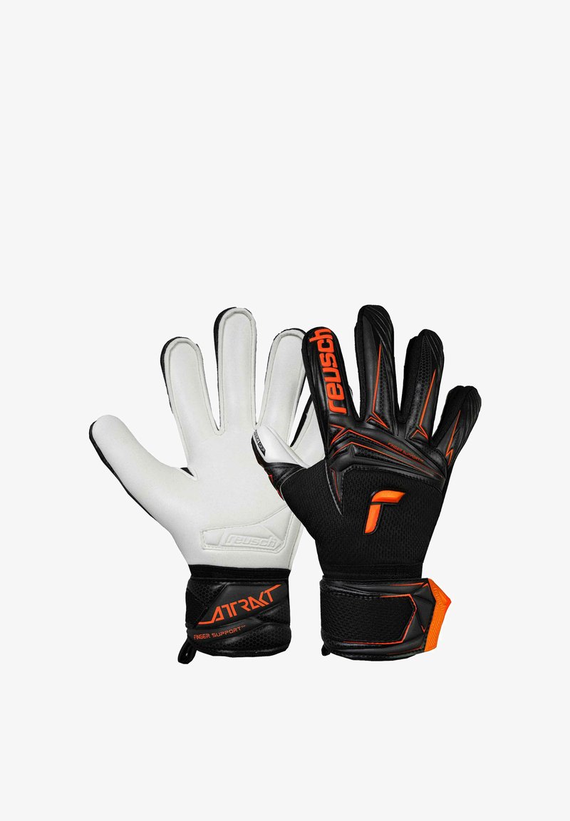 Paired de gants de gardien de but Reusch noir et blanc avec accents orange, paumes rembourrées et sangles de poignet étiquetées "Attract" et "Finger Support".