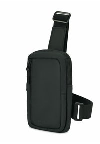 Czarna torba na ramię wykonana z teksturowanego materiału, z zamykaną na zamek przednią kieszenią i regulowanym paskiem. Kompaktowy prostokątny design.