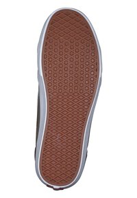 Suela de zapatilla de goma con un patrón hexagonal en marrón, bordeada por una franja blanca. El diseño es plano y es apropiado para calzado casual.