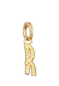 Goldfarbener Anhänger mit einer strukturierten, verdrehten Form und einer kreisförmigen Schlaufe zur Befestigung an Ohrringen oder Halsketten.