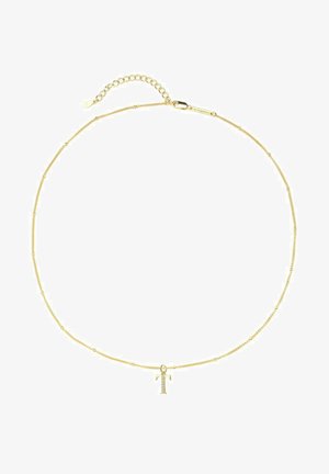 Collar de cadena de oro con eslabones finos, que presenta un pequeño colgante con la letra "T" adornado con piedras claras. Longitud ajustable con cierre de gancho.