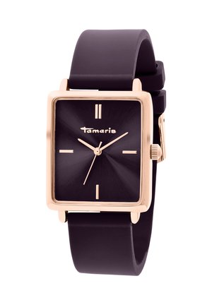 Quadratische schwarze Uhr mit glattem Zifferblatt, roségoldenen Beschlägen und schwarzem Silikonarmband. Das Ziffernblatt weist minimalistische Stundenmarkierungen und ein Logo auf.