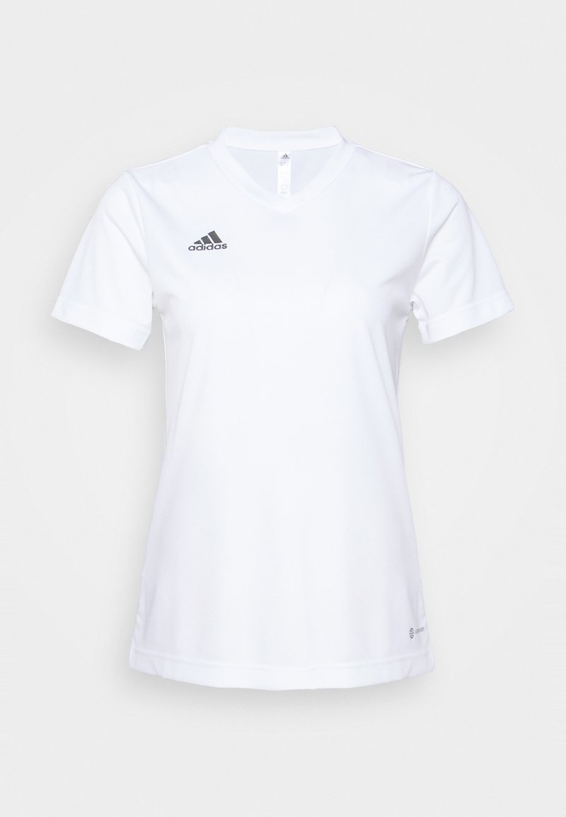 White short-sleeve jersey with a v-neck, made of lightweight material. Features a black Adidas logo on the upper left side.