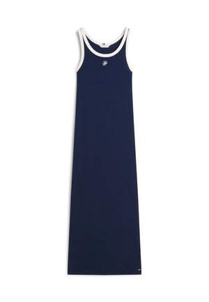 Μάξι φόρεμα σε σκούρο μπλε χωρίς μανίκια, με λευκή μπορντούρα γύρω από το λαιμό και τις μασχάλες, που διαθέτει ένα μικρό λευκό κεντημένο λογότυπο στο στήθος.