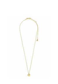 Gouden ketting met een fijne schakeling en een hanger in de vorm van een hart, met een glad oppervlak, minimalistisch ontwerp en verstelbare lengte.