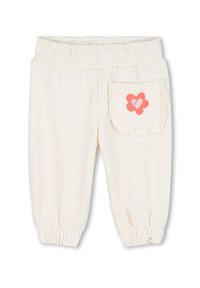 Crèmekleurige joggingbroek met een elastische tailleband en geribde boorden. Heeft een gerimpelde zak met een roze bloem en hart ontwerp.