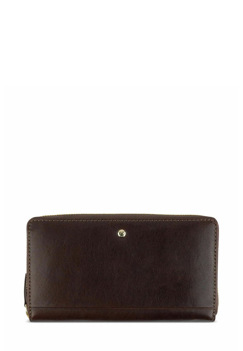 Portafoglio in pelle marrone con texture liscia, dotato di chiusura con zip e di un piccolo accento metallico sulla parte frontale. Forma rettangolare.