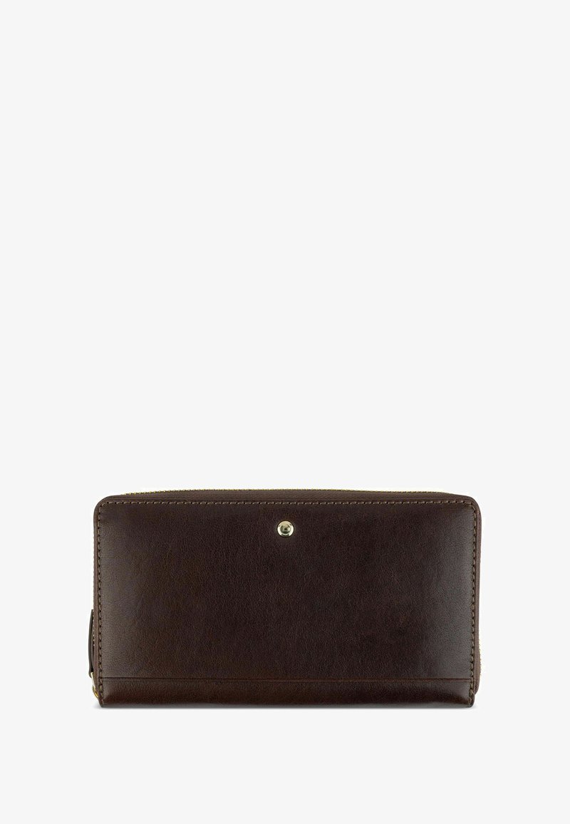 Portafoglio in pelle marrone con texture liscia, dotato di chiusura con zip e di un piccolo accento metallico sulla parte frontale. Forma rettangolare.