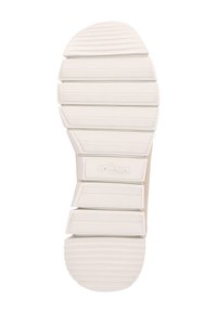 Semelle en caoutchouc blanche avec des rainures et des crêtes texturées. Comprend des sections plates et un logo central. Forme globale carrée avec un bout arrondi.