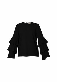 Blouse noire à manches longues avec manches à volants superposés et col rond, avec petite fermeture à bouton dans le dos.