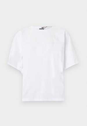 White short-sleeve crew neck t-shirt with relaxed fit and subtle gathered detail on the sides, displayed against a light background.