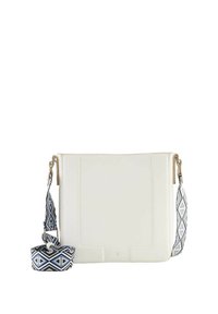 Borsa a tracolla bianca in pelle con una tracolla regolabile a motivo blu e bianco, caratterizzata da una texture liscia e un design minimalista.