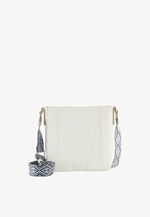 Weiße Leder-Crossbody-Tasche mit einem gemusterten, blau-weißen, verstellbaren Trageriemen, die eine glatte Textur und ein minimalistisches Design aufweist.