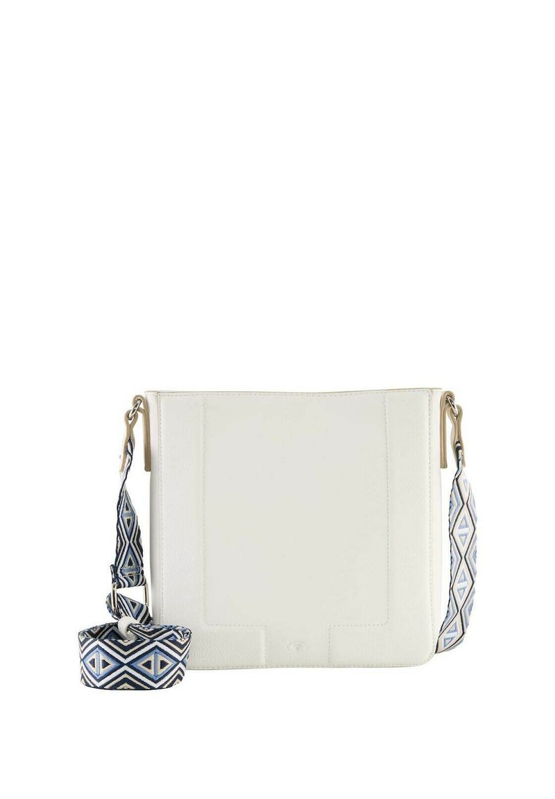Borsa a tracolla bianca in pelle con una tracolla regolabile a motivo blu e bianco, caratterizzata da una texture liscia e un design minimalista.